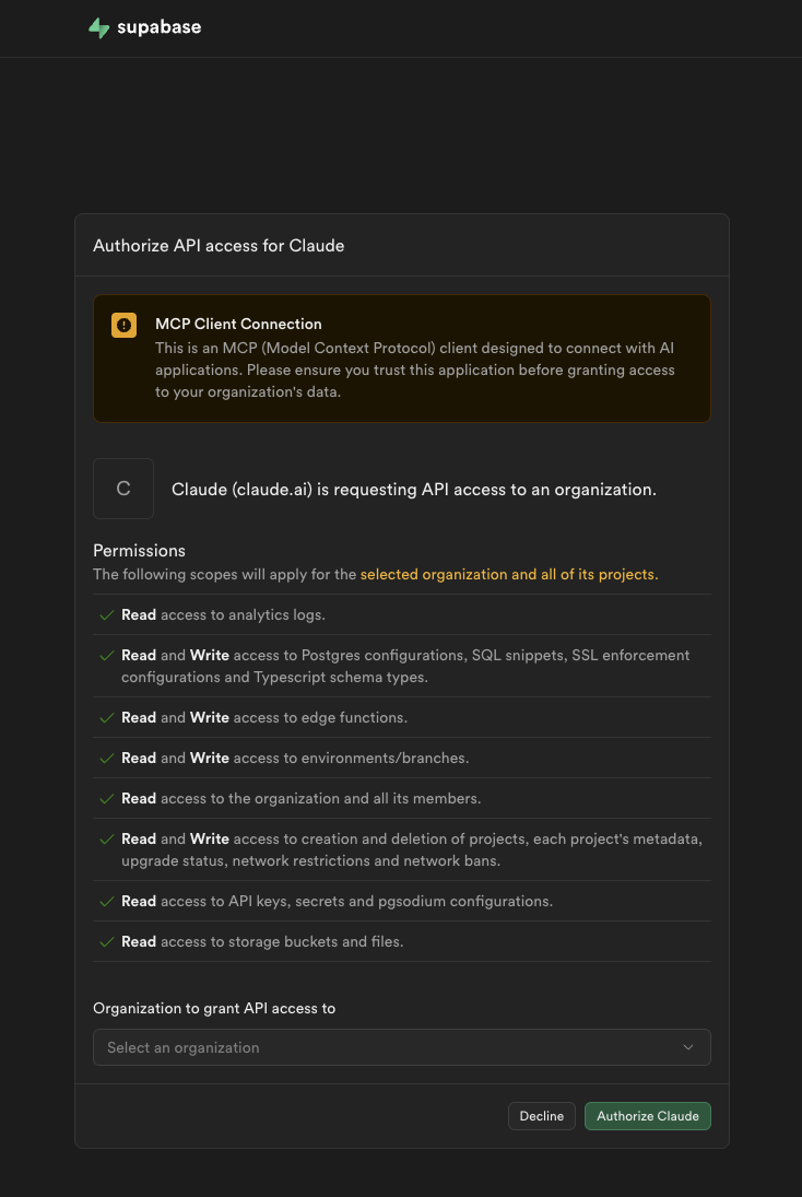 Supabase authorization screen for Claude