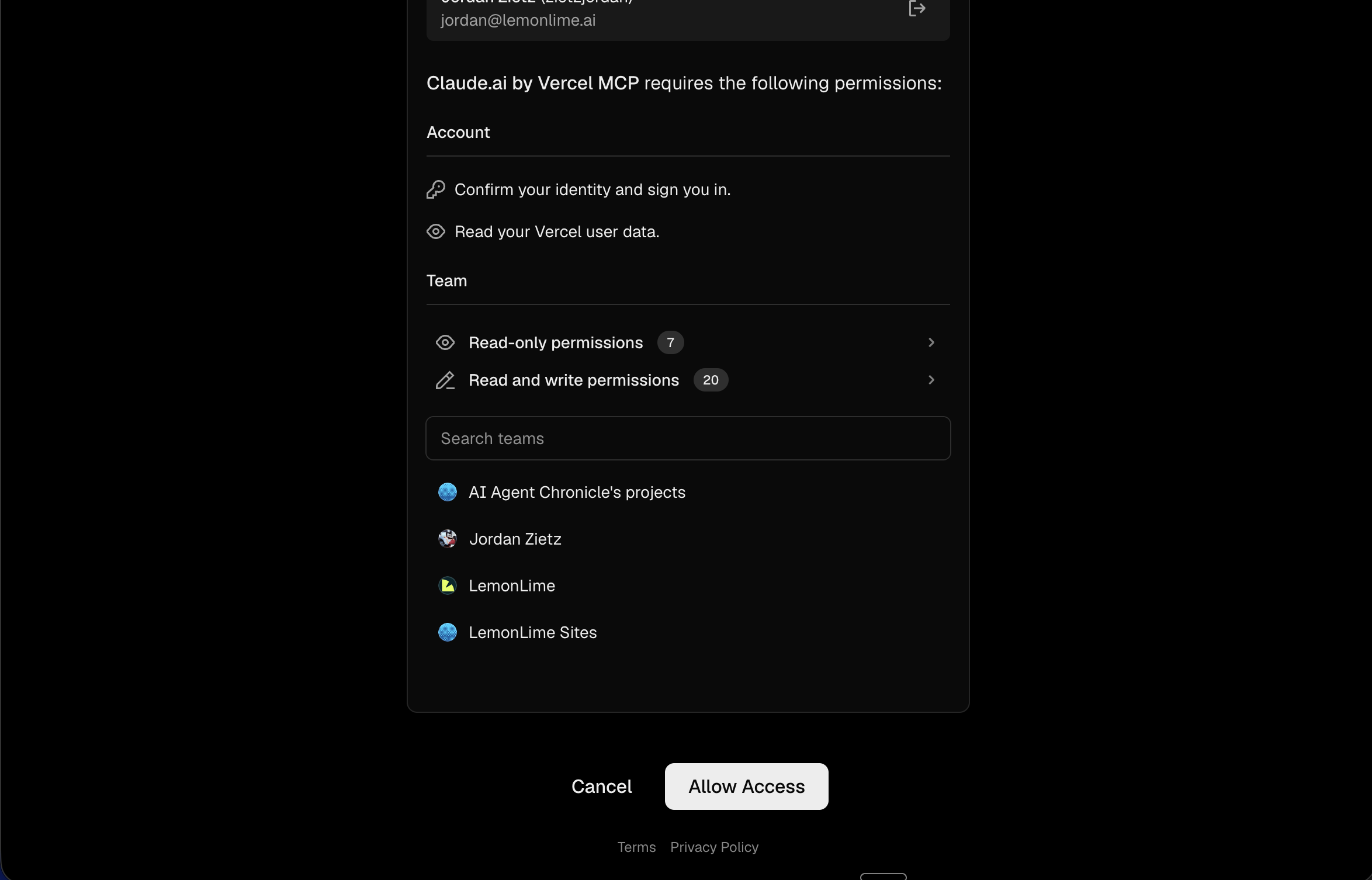 Vercel authorization screen with Allow Access button